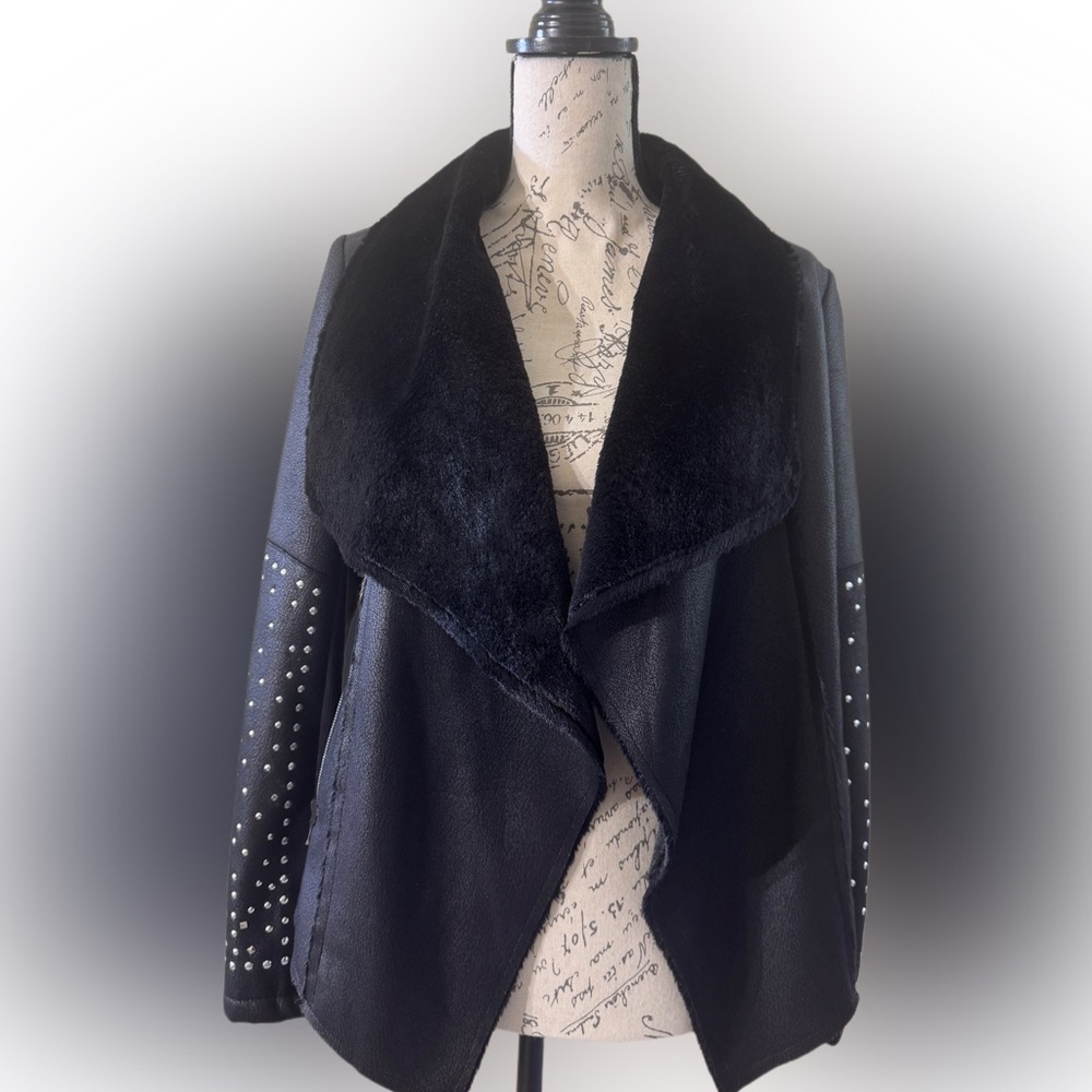 XOXO Black Faux Leather Jacket with Studded Sleeves